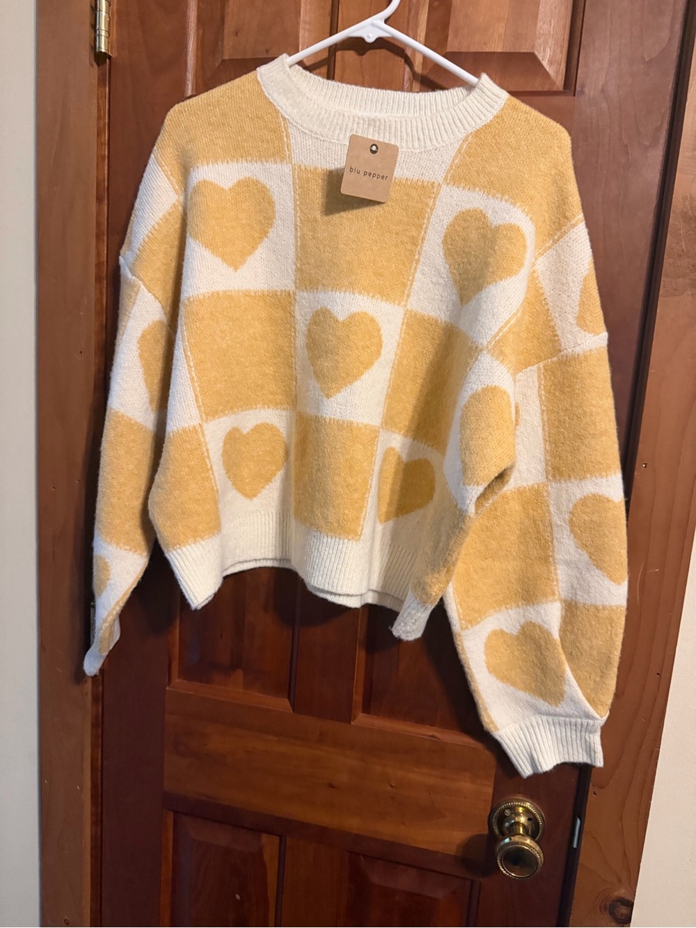 Blu Pepper Cream and Yellow Heart-Check Crewneck Sweater